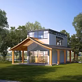 Modern Wooden House With Open Porch Large Glass Windows And Green Grass Surrounded By Trees