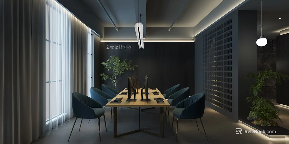 Modern Public Office Space Design With Long Table Blue Chairs Pendant Light And Green Plant 3d model 