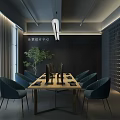 Modern Public Office Space Design With Long Table Blue Chairs Pendant Light And Green Plant