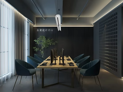 Modern Public Office Space Design With Long Table Blue Chairs Pendant Light And Green Plant 3d model