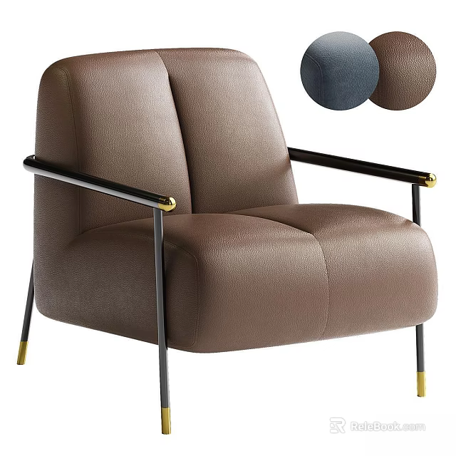 Brown Leather Leisure Chair With Black Armrests Gold Accents And Color Options 3d model 