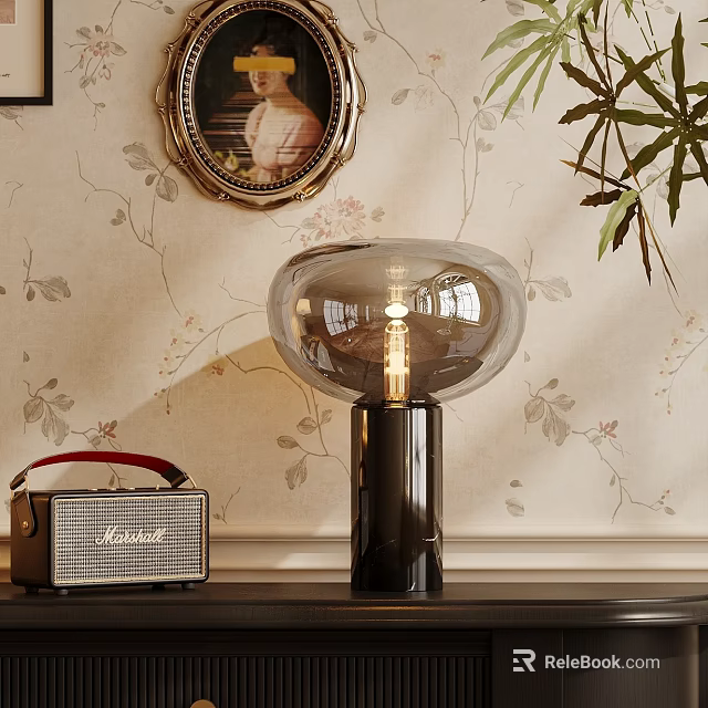 Glass Table Lamp with Black Base and Vintage Radio on Floral Wallpaper Background 3d model 
