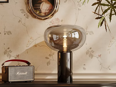 Glass Table Lamp with Black Base and Vintage Radio on Floral Wallpaper Background 3d model