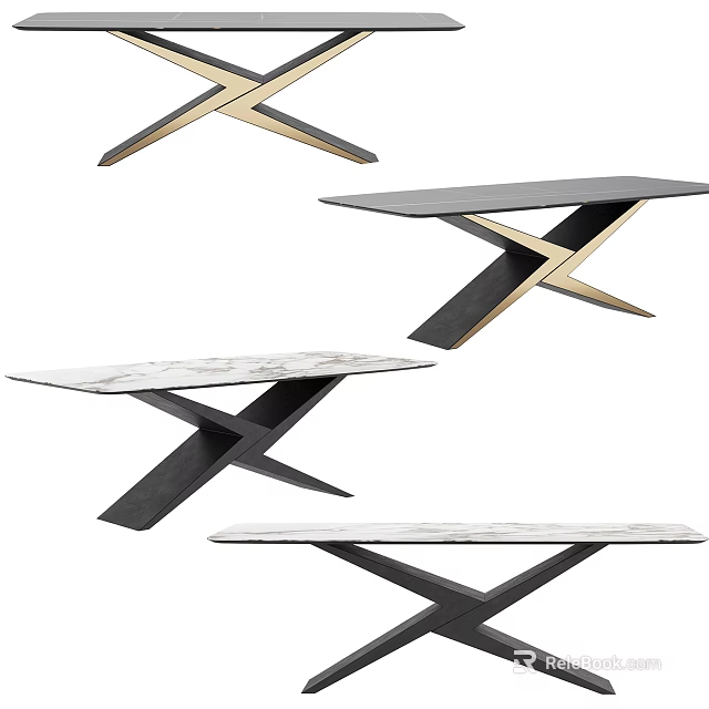 Modern Dining Table Collection With Marble Top And Cross Metal Legs In Modern Styles 3d model 