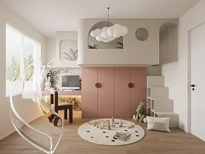 Modern Kids Room Interior With Loft Bed Spiral Staircase Pink Cabinets Round Rug And Toys 3d model
