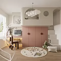 Modern Kids Room Interior With Loft Bed Spiral Staircase Pink Cabinets Round Rug And Toys