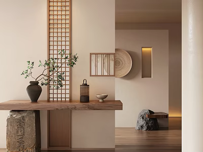Japanese Entryway Design Featuring Wooden Lattice And Table Green Plant Stone Stool And Warm Lighting 3d model