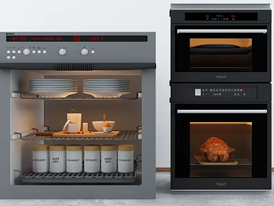 Modern Kitchen Interior With Stylish Appliances Oven Storage For Dishes Spice Jars And Baked Bread 3d model