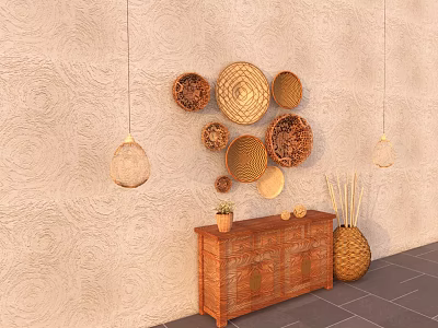 Natural Woven Circular Wall Decor with Wooden Cabinet and Hanging Lamps 3d model