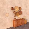 Natural Woven Circular Wall Decor with Wooden Cabinet and Hanging Lamps