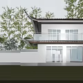 Chinese Style Two Story Detached Villa With Large Windows Wooden Terrace And Stone Courtyard