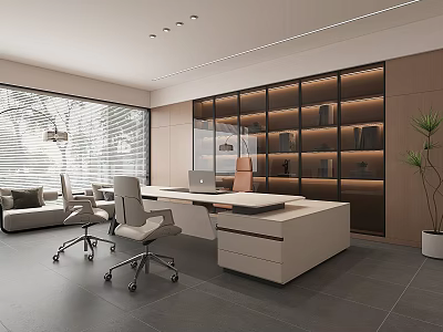 Modern Office Interior Design With Desk Office Chairs Bookshelves Large Windows And Plant 3d model