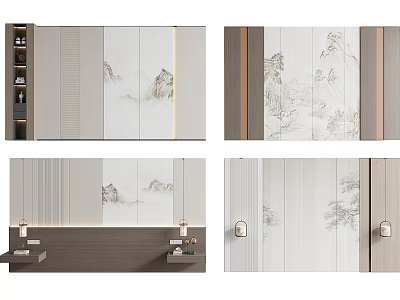 Modern Chinese Style Background Wall Design With Landscape Painting Plant Pattern And LED Strip Lights 3d model