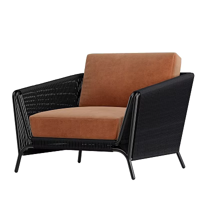Contemporary Single Sofa With Black Rattan Frame And Brown Upholstered Cushion 3d model