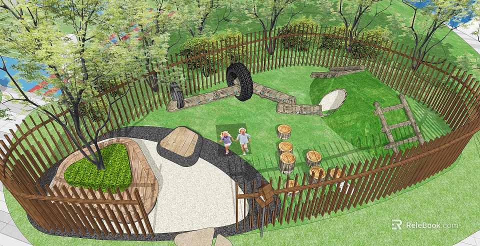 Vibrant Garden Landscape With Wooden Fence Green Lawn Tire Swing And Children Playing Area 3d model 