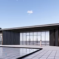 Modern Commercial Street Architecture With Glass Curtain Walls Water Pool And Plaza Entrance