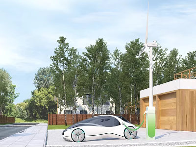 Modern Electric Car Charging at Station with Green Trees and Wind Turbine 3d model