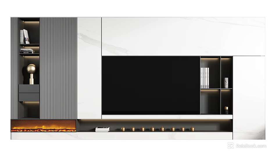 Modern White Marble TV Cabinet With Black Panel Open Shelves And LED Lighting Design 3d model 