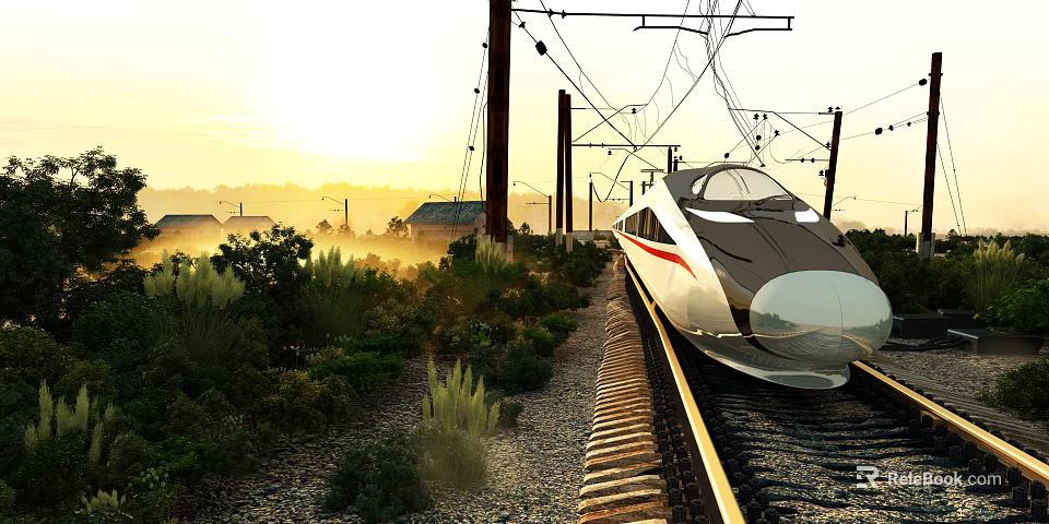 High-Speed Train Traveling On Railway Track Through Green Vegetation Misty Sunrise With Power Lines 3d model 