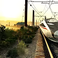 High-Speed Train Traveling On Railway Track Through Green Vegetation Misty Sunrise With Power Lines