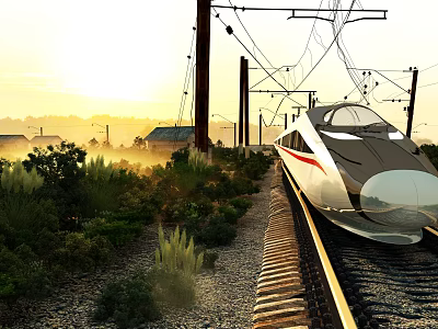 High-Speed Train Traveling On Railway Track Through Green Vegetation Misty Sunrise With Power Lines 3d model