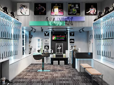 Modern YONEX Sports Store Interior With Racket Displays Wall Posters And Rest Bench 3d model