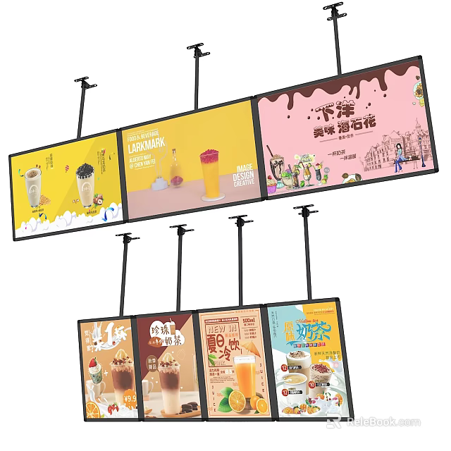 Colorful Hanging Billboard Featuring Various Drinks Desserts And Tasty Treats 3d model 