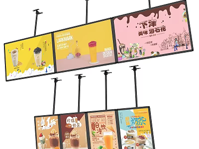 Colorful Hanging Billboard Featuring Various Drinks Desserts And Tasty Treats 3d model