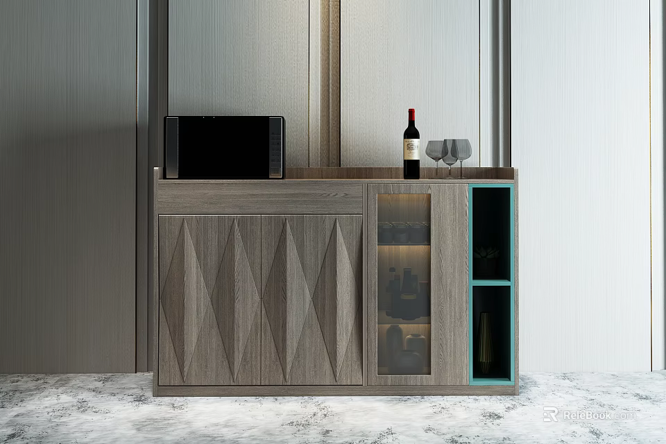 Modern Wooden Sideboard With Geometric Pattern Doors Glass Display Cabinets Microwave Wine Bottle And Glasses 3d model 