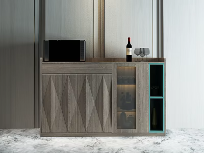 Modern Wooden Sideboard With Geometric Pattern Doors Glass Display Cabinets Microwave Wine Bottle And Glasses 3d model