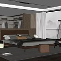 Modern Bedroom Interior With Large Bed Nightstand Floor Lamp And Armchair Wardrobe And Large Window