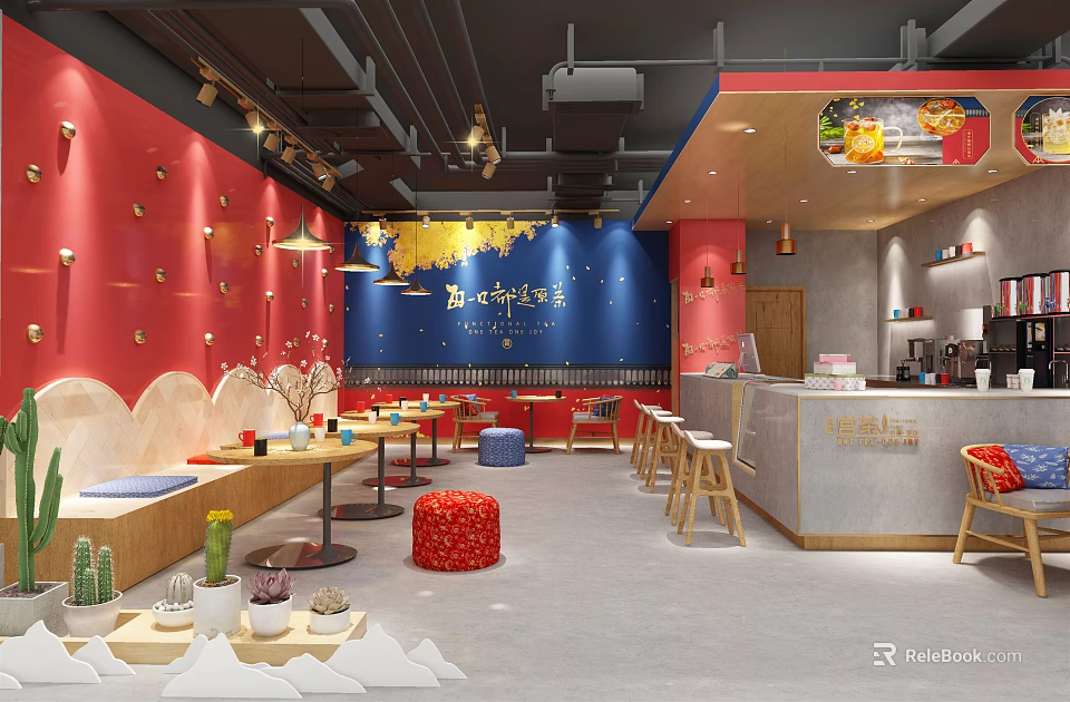 Cozy Bubble Tea Shop Interior With Red Blue Walls Wooden Tables And Bar Counter 3d model 