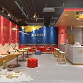 Cozy Bubble Tea Shop Interior With Red Blue Walls Wooden Tables And Bar Counter