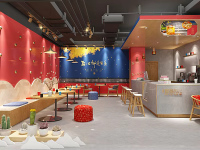 Cozy Bubble Tea Shop Interior With Red Blue Walls Wooden Tables And Bar Counter 3d model