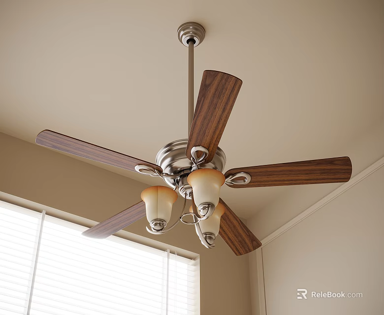 Stylish Ceiling Fan Light With Wooden Blades And Metal Base And Decorative Light Bulbs 3d model 