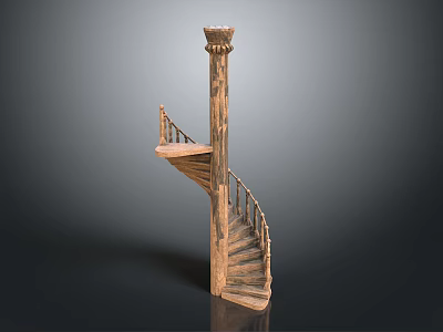 Rustic Wooden Spiral Staircase With Intricate Handrail And Central Column Structure 3d model