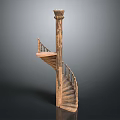 Rustic Wooden Spiral Staircase With Intricate Handrail And Central Column Structure