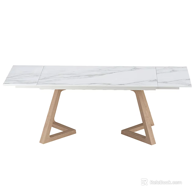 Modern Dining Table With White Marble Tabletop And Wooden Triangular Legs 3d model 