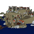 Cartoon Scene of Island with Castle and Village Small Houses Trees Rocks and Blue Water