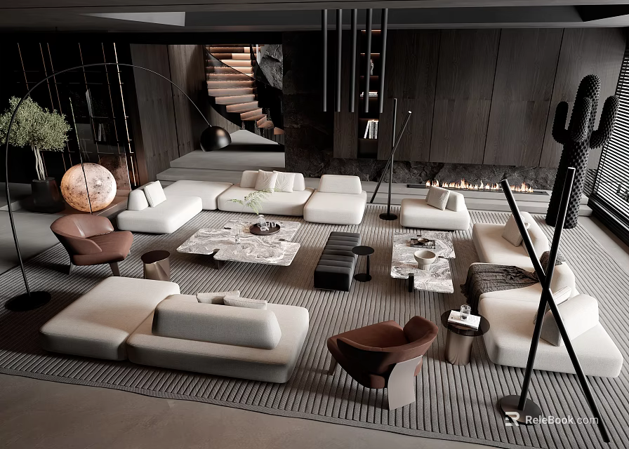 Modern Living Room Interior With Sofa Coffee Table Set Rug Floor Lamp And Fireplace 3d model 