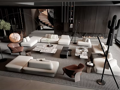 Modern Living Room Interior With Sofa Coffee Table Set Rug Floor Lamp And Fireplace 3d model