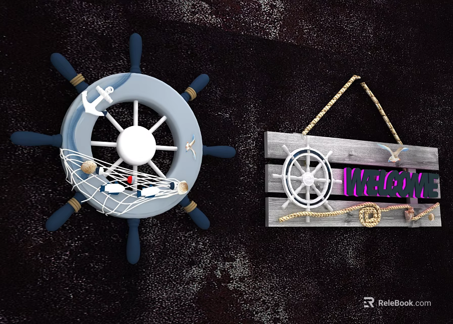 Nautical Decorative Wall Hangings With Ship Wheel Anchor And Wooden Welcome Plaque 3d model 