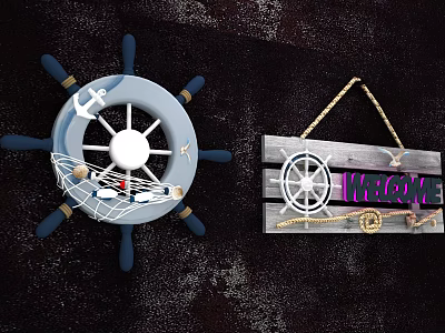 Nautical Decorative Wall Hangings With Ship Wheel Anchor And Wooden Welcome Plaque 3d model