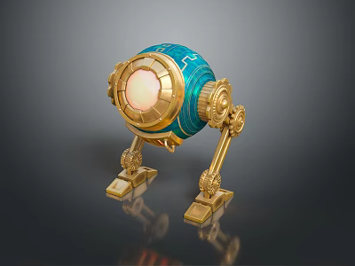 Blue Green Mechanical Sphere Character With Golden Structure Glowing Circular Part And Stand 3d model