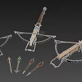 Three Vintage Crossbows With Wooden Handles Metallic Frames And Colorful Arrows