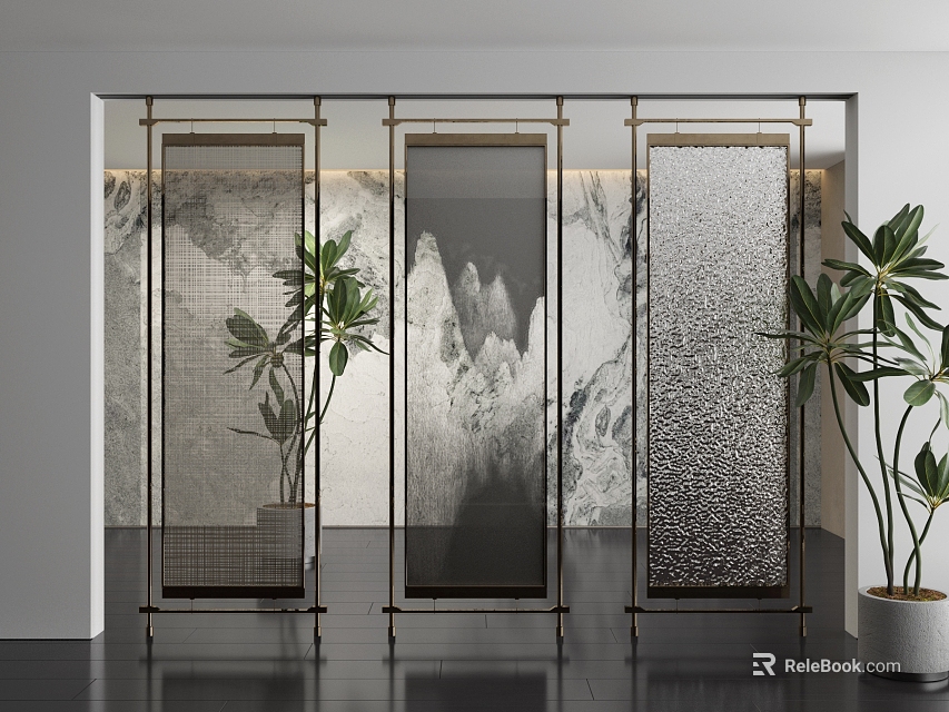 Traditional Chinese Screens With Plants And Marble Wall In Interior 3d model 