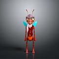 Cartoon Red Ant With Blue Wings And White Scarf Standing On Gray Background