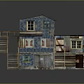 Rustic Two Story House Model With Wooden Stairs Balcony Blue Walls Windows And Doors