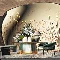 Artistic Sofa and Coffee Table Set With Green Chairs Table Lamp Vase And Decorative Wall
