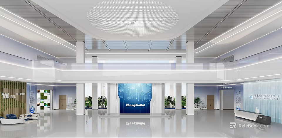 Modern Spacious Corporate Front Reception Area With Bright Sleek Minimalist Lobby Interior Design 3d model 